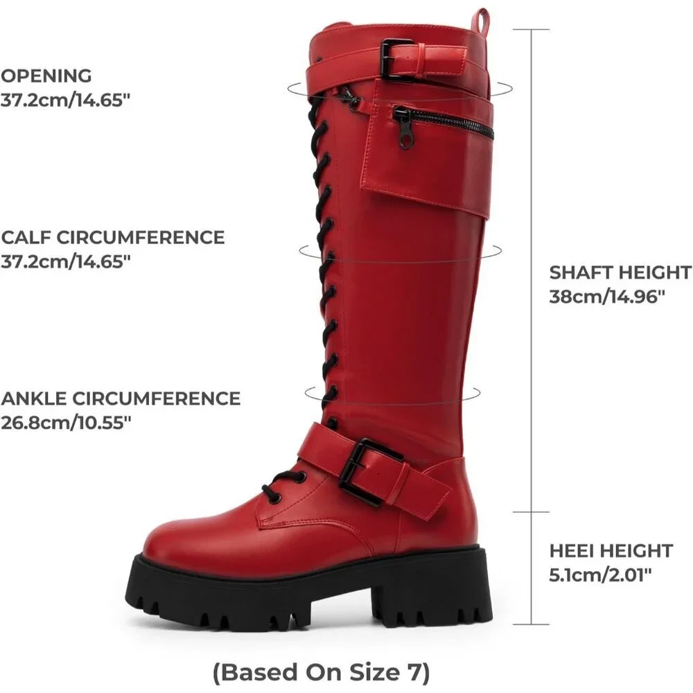 Women's Red DREAM PAIRS Combat Riding Platform Knee-High Boots Lace Up Gothic